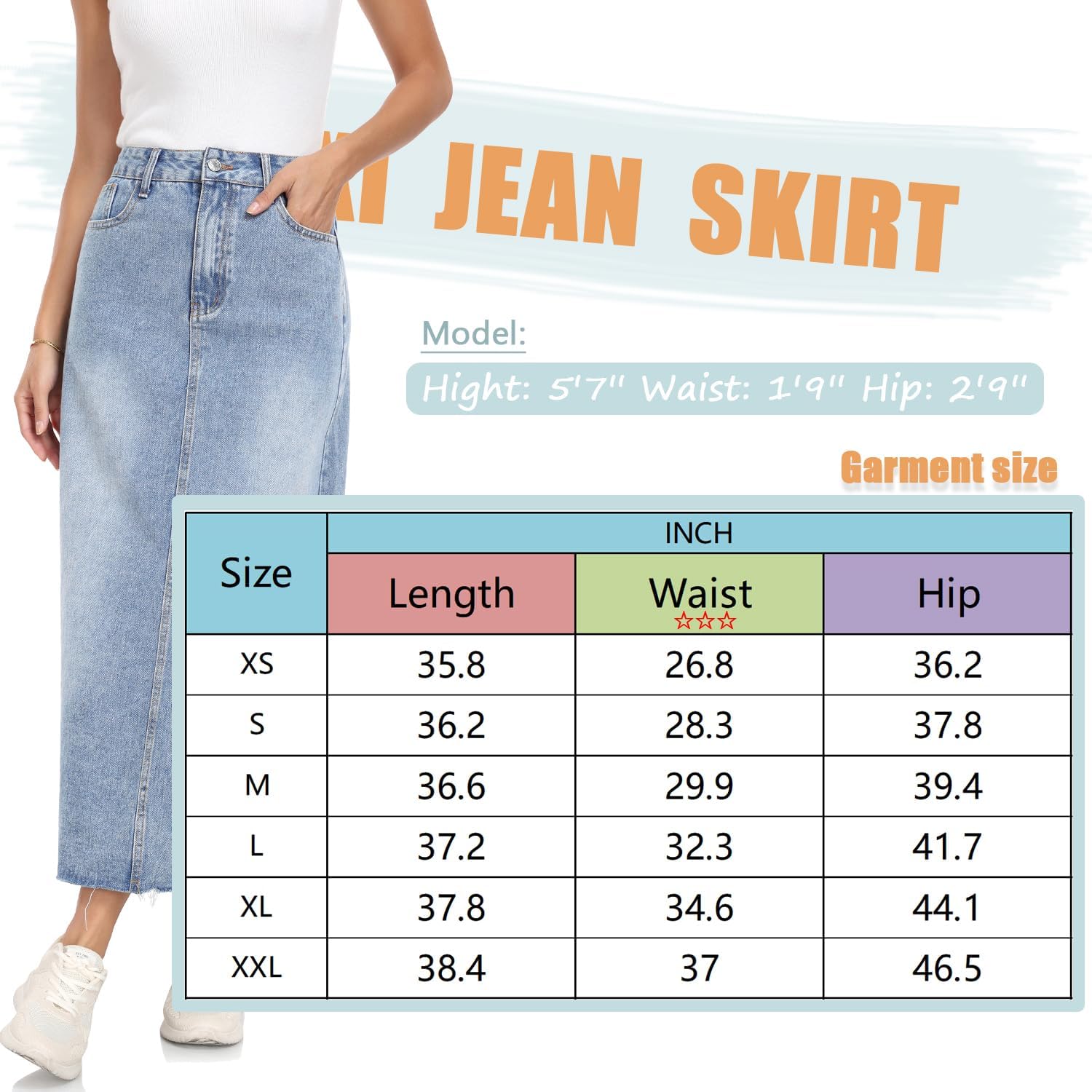 MISS MOLY Women's Maxi Long Denim Skirts High Waist Frayed Raw Hem Split A line Flare Jean Skirt with Pockets