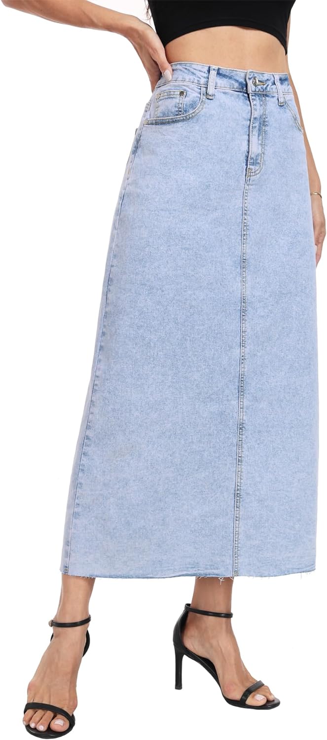 MISS MOLY Women's Maxi Long Denim Skirts High Waist Frayed Raw Hem Split A line Flare Jean Skirt with Pockets