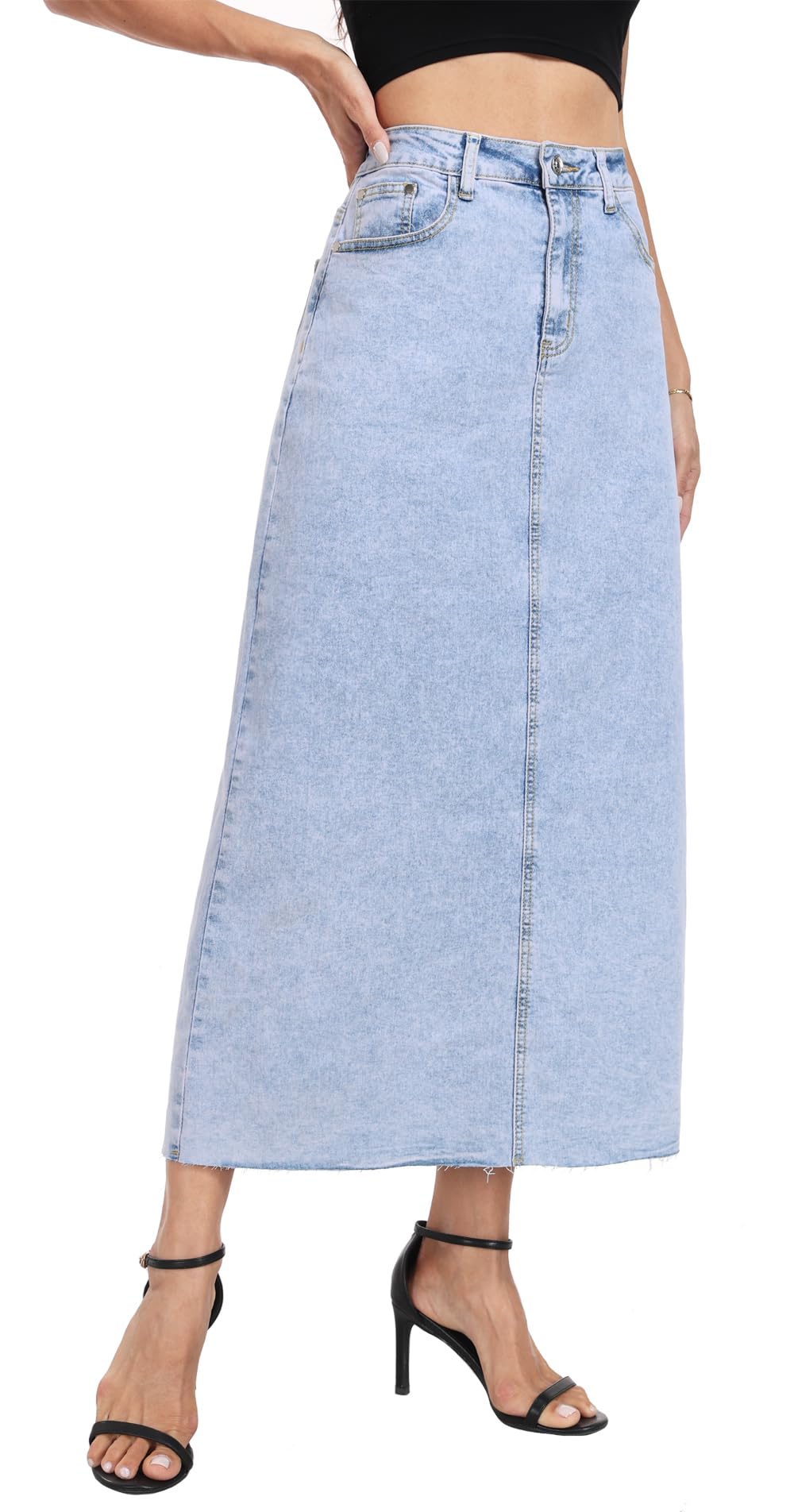 MISS MOLY Women's Maxi Long Denim Skirts High Waist Frayed Raw Hem Split A line Flare Jean Skirt with Pockets