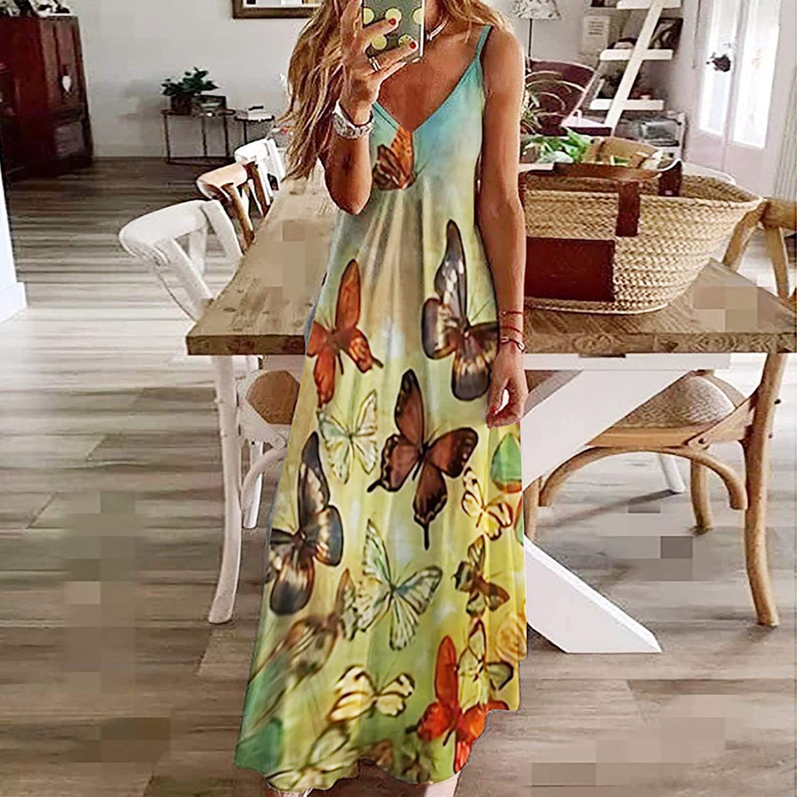 Off Shoulder Dresses for Women Fashion Print Maxi Dress V Neck Sleeveless Summer Long Dress Casual Loose Sundress