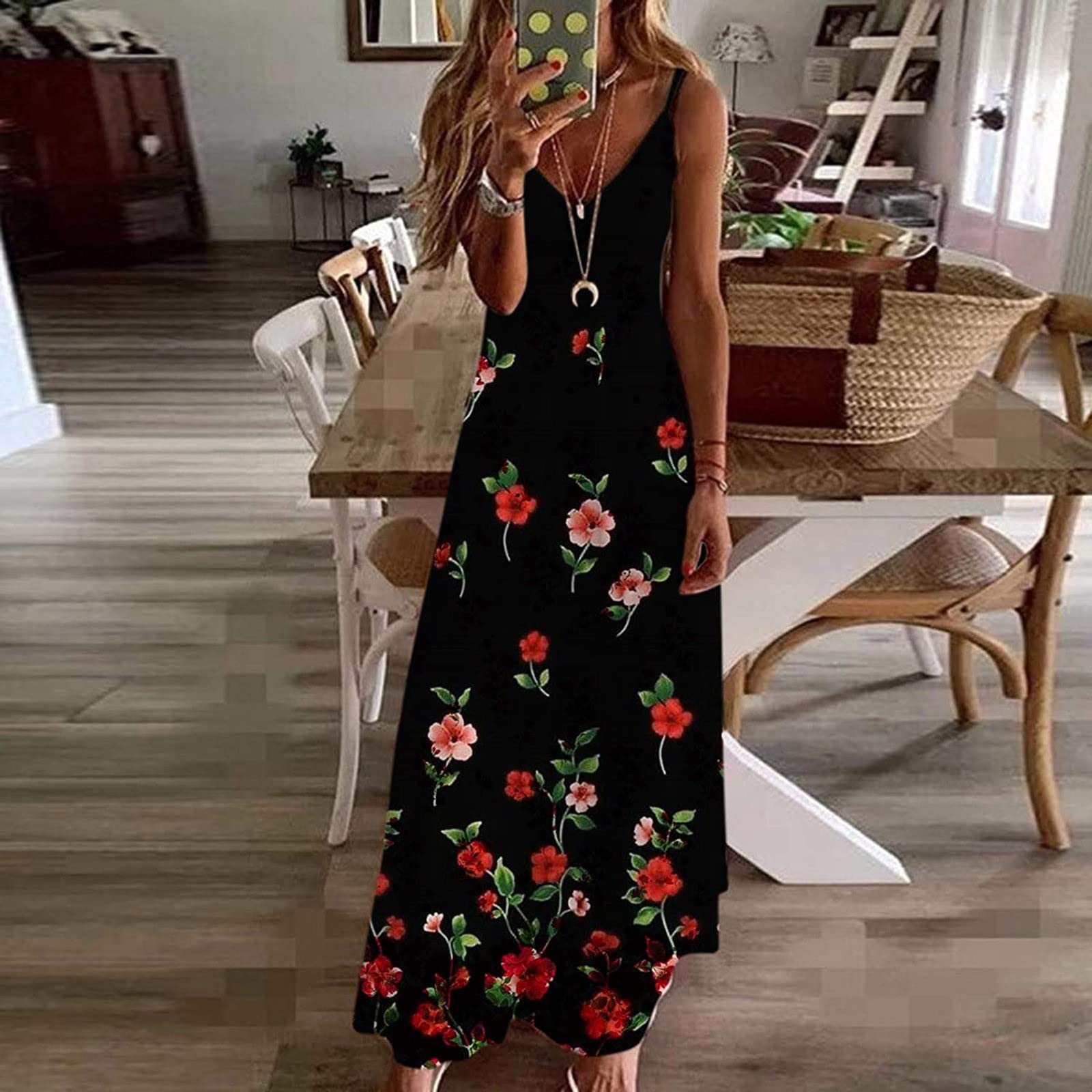 Off Shoulder Dresses for Women Fashion Print Maxi Dress V Neck Sleeveless Summer Long Dress Casual Loose Sundress