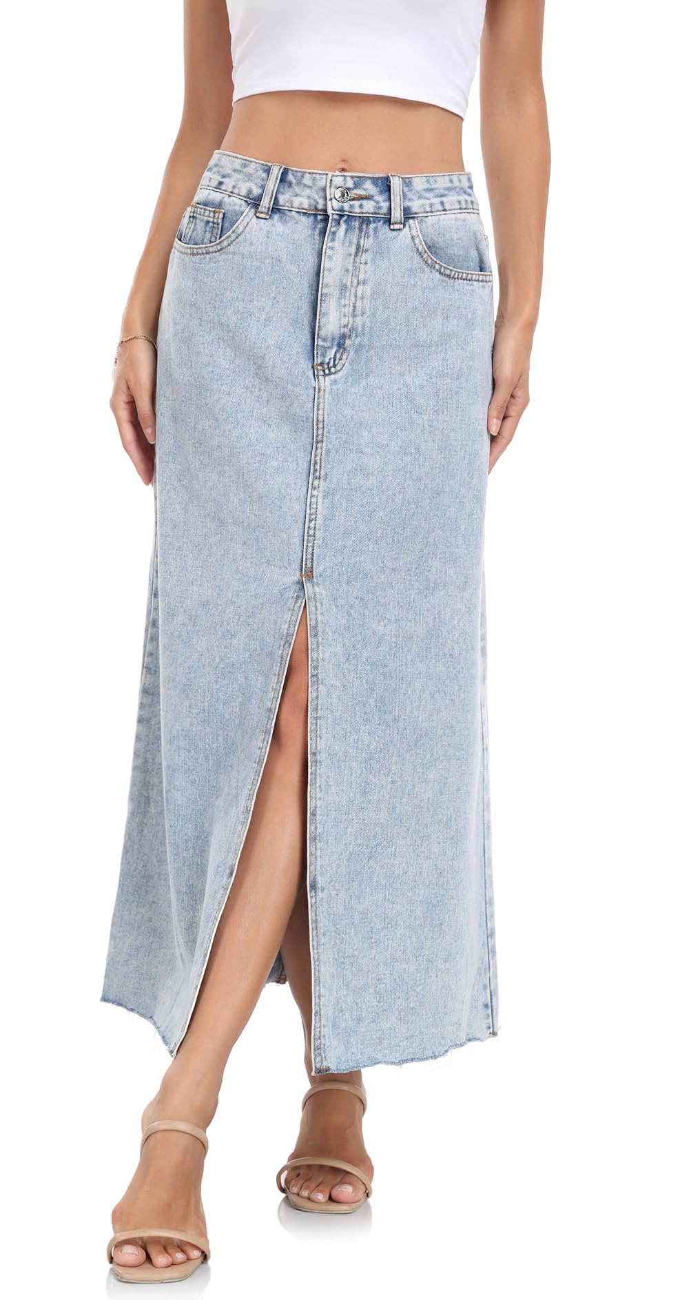 MISS MOLY Women's Maxi Long Denim Skirts High Waist Frayed Raw Hem Split A line Flare Jean Skirt with Pockets