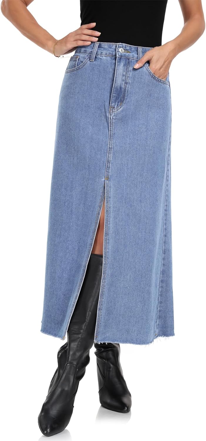 MISS MOLY Women's Maxi Long Denim Skirts High Waist Frayed Raw Hem Split A line Flare Jean Skirt with Pockets