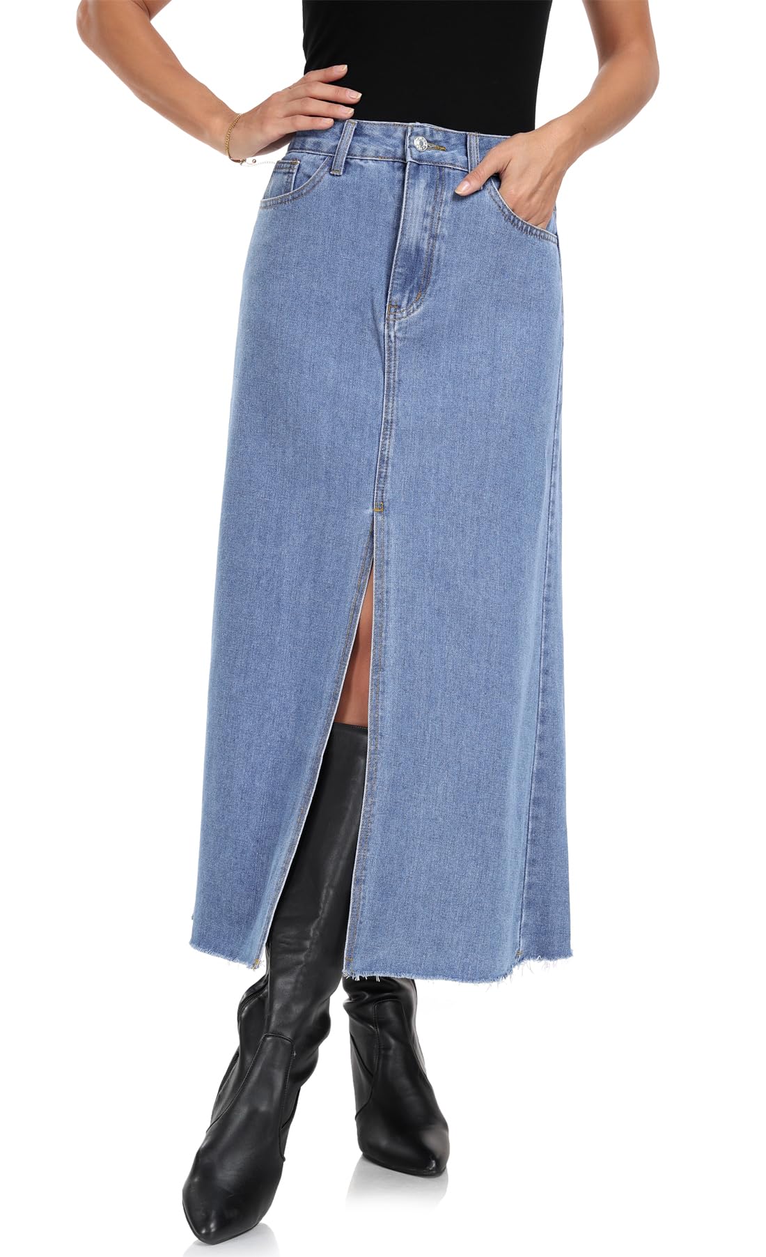 MISS MOLY Women's Maxi Long Denim Skirts High Waist Frayed Raw Hem Split A line Flare Jean Skirt with Pockets