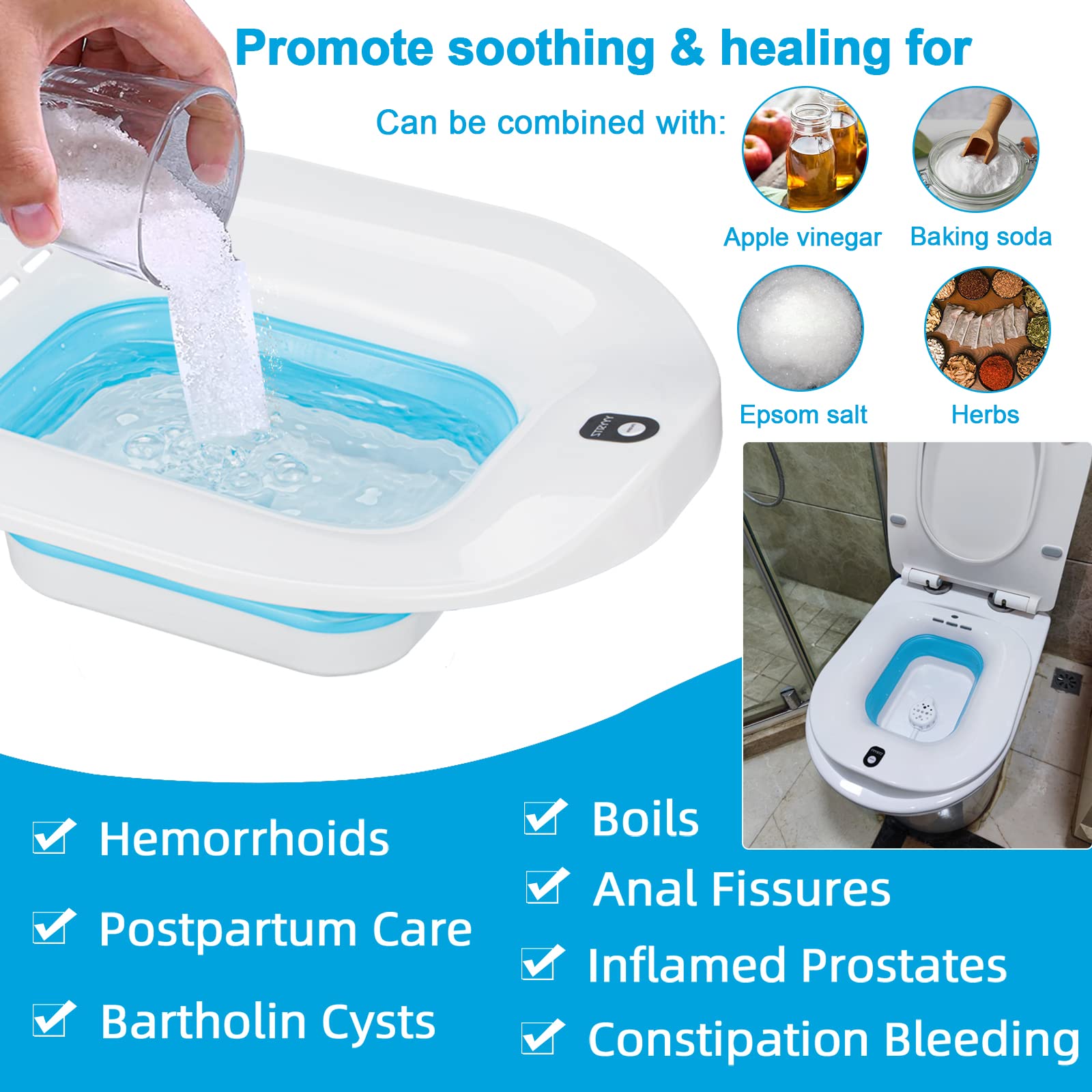 Sitz Bath, Electric Sitz Bath for Hemorrhoids, Sitz Bath for Toilet Seat, Postpartum Care Basin, Sitz Baths Salts Bowl for Women Men, Sits Bath Soak Pan, Hip Bath Tub, Collapsible, Blue