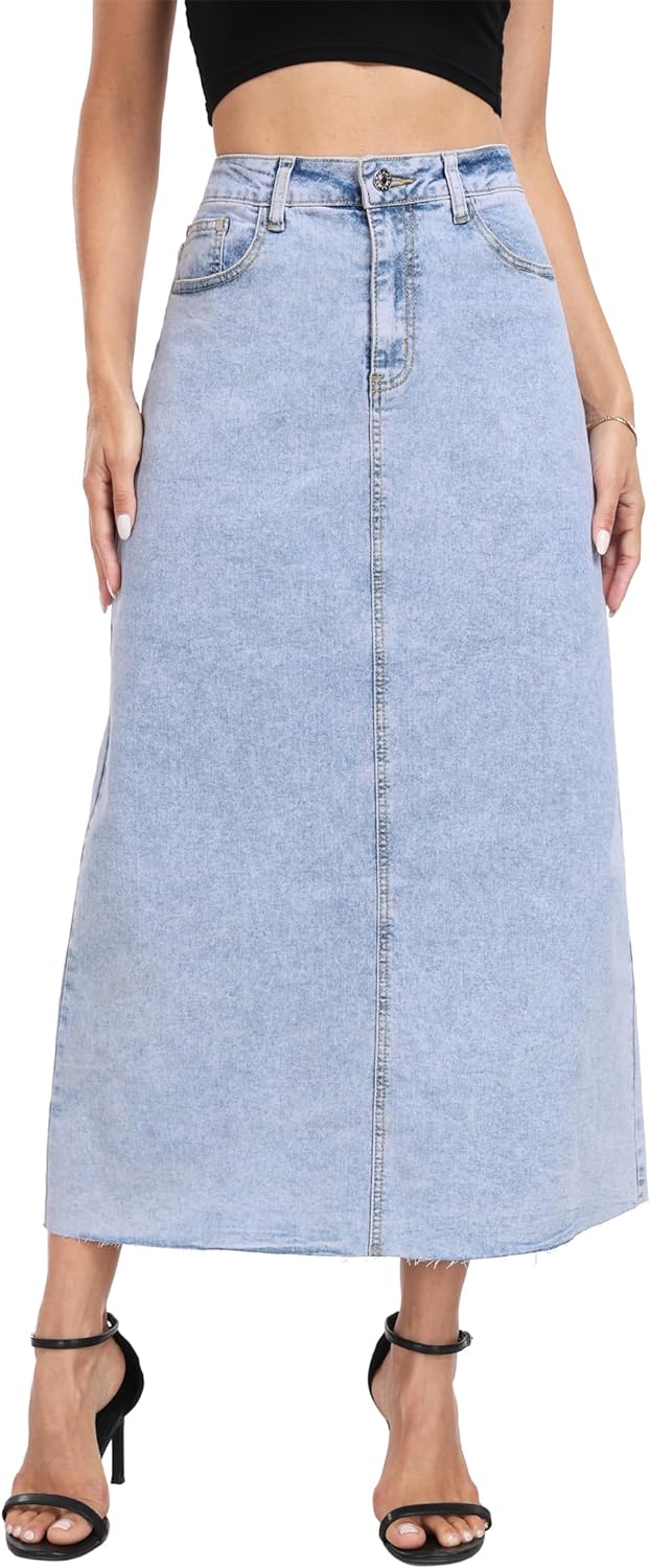 MISS MOLY Women's Maxi Long Denim Skirts High Waist Frayed Raw Hem Split A line Flare Jean Skirt with Pockets