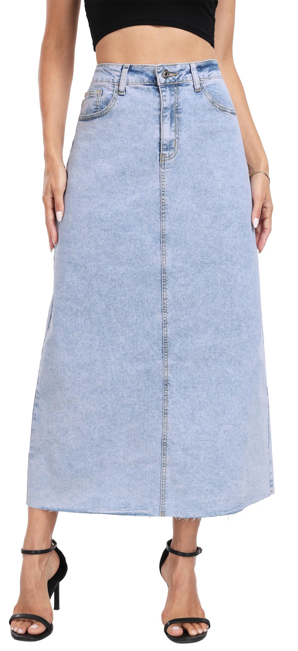 MISS MOLY Women's Maxi Long Denim Skirts High Waist Frayed Raw Hem Split A line Flare Jean Skirt with Pockets