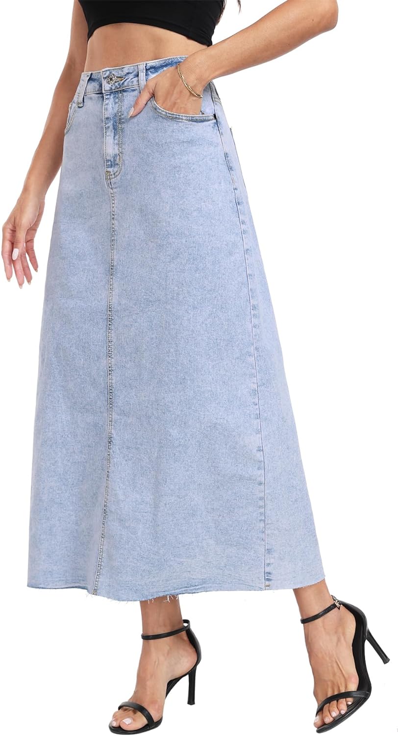 MISS MOLY Women's Maxi Long Denim Skirts High Waist Frayed Raw Hem Split A line Flare Jean Skirt with Pockets