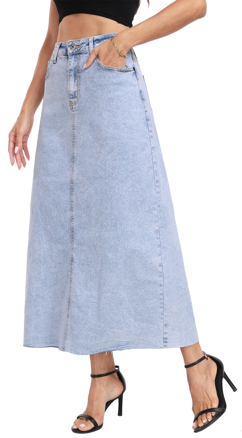 MISS MOLY Women's Maxi Long Denim Skirts High Waist Frayed Raw Hem Split A line Flare Jean Skirt with Pockets