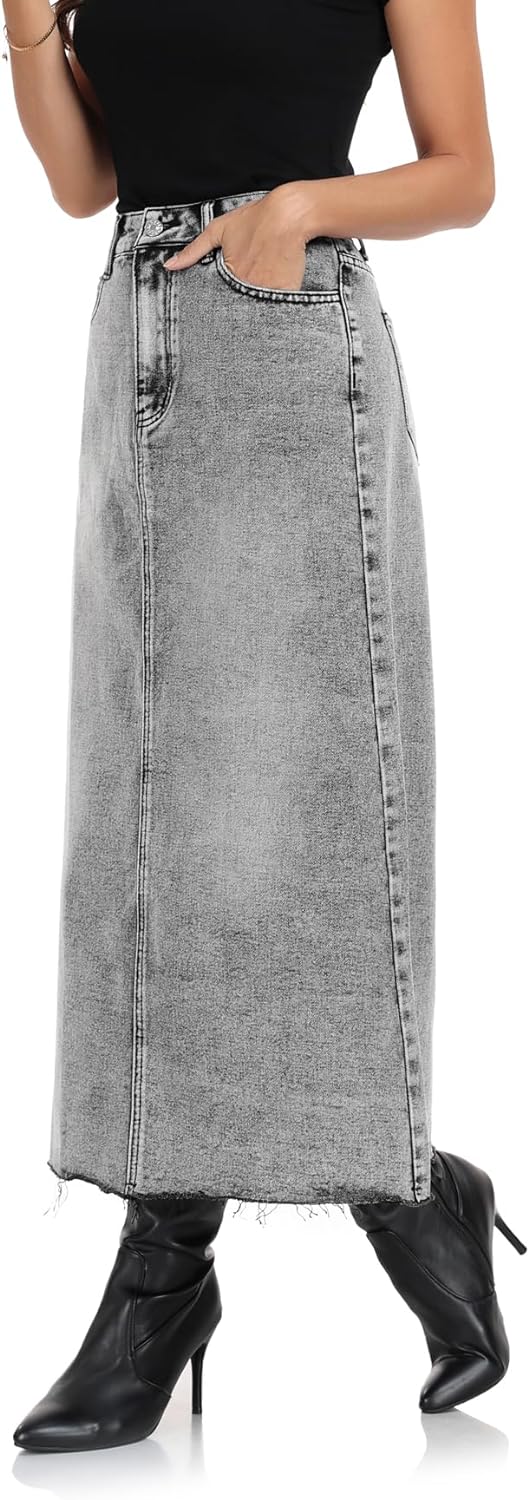 MISS MOLY Women's Maxi Long Denim Skirts High Waist Frayed Raw Hem Split A line Flare Jean Skirt with Pockets