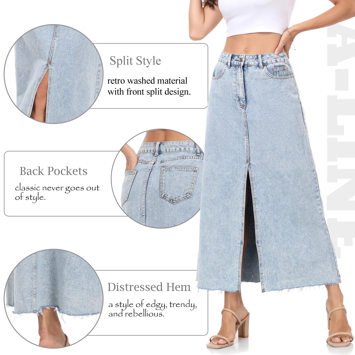 MISS MOLY Women's Maxi Long Denim Skirts High Waist Frayed Raw Hem Split A line Flare Jean Skirt with Pockets