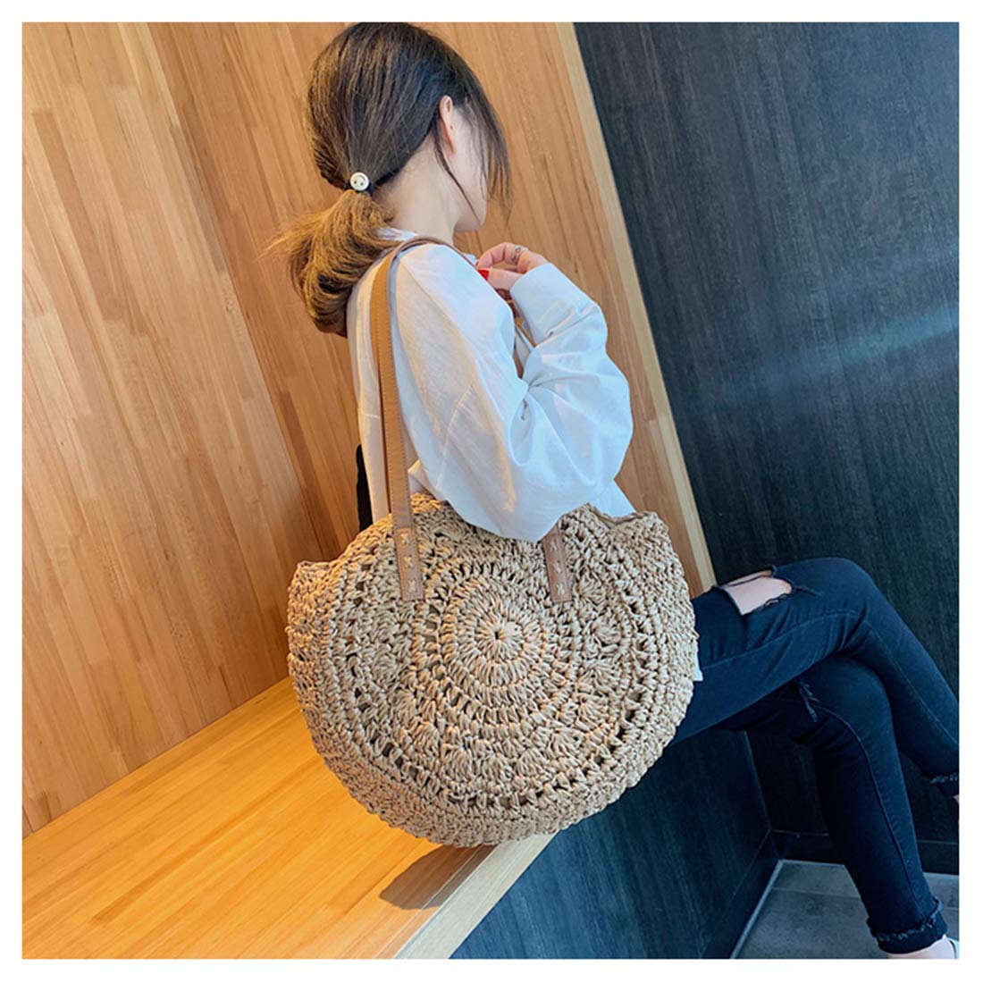 Straw Handbags Women Handwoven Round Corn Straw Bags Natural Chic Hand Large Summer Beach Tote Woven Handle Shoulder Bag