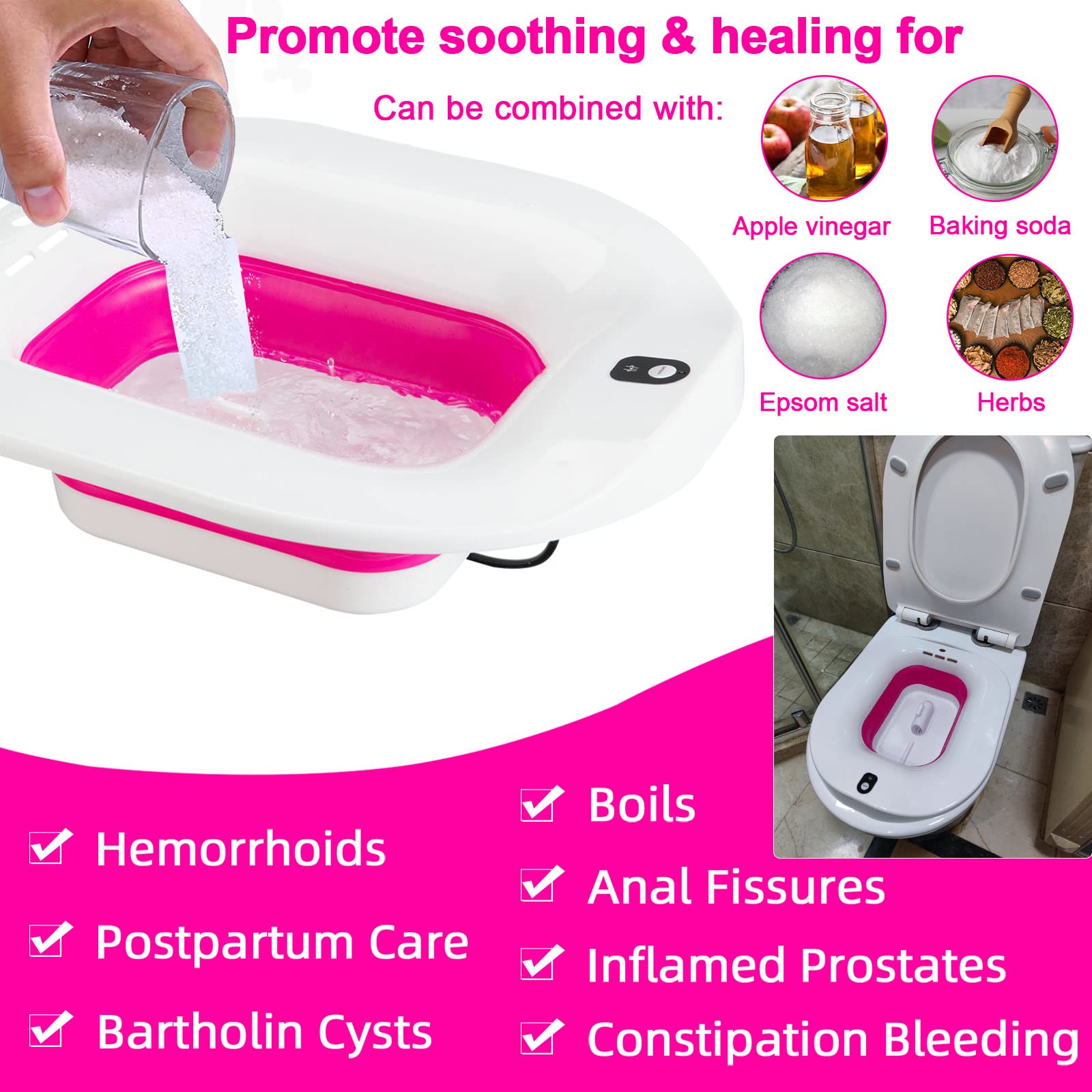 Sitz Bath, Electric Sitz Bath for Hemorrhoids, Sitz Bath for Toilet Seat, Postpartum Care Pan for Women, Yoni Hip Bath Basin, Sits Bath Soak Salts Tub, Vaginal Wash Bowl, Foldable, Pink