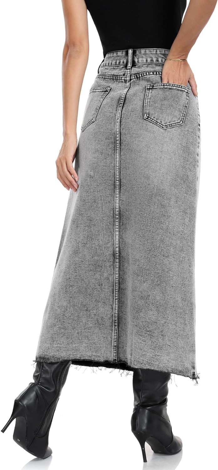 MISS MOLY Women's Maxi Long Denim Skirts High Waist Frayed Raw Hem Split A line Flare Jean Skirt with Pockets