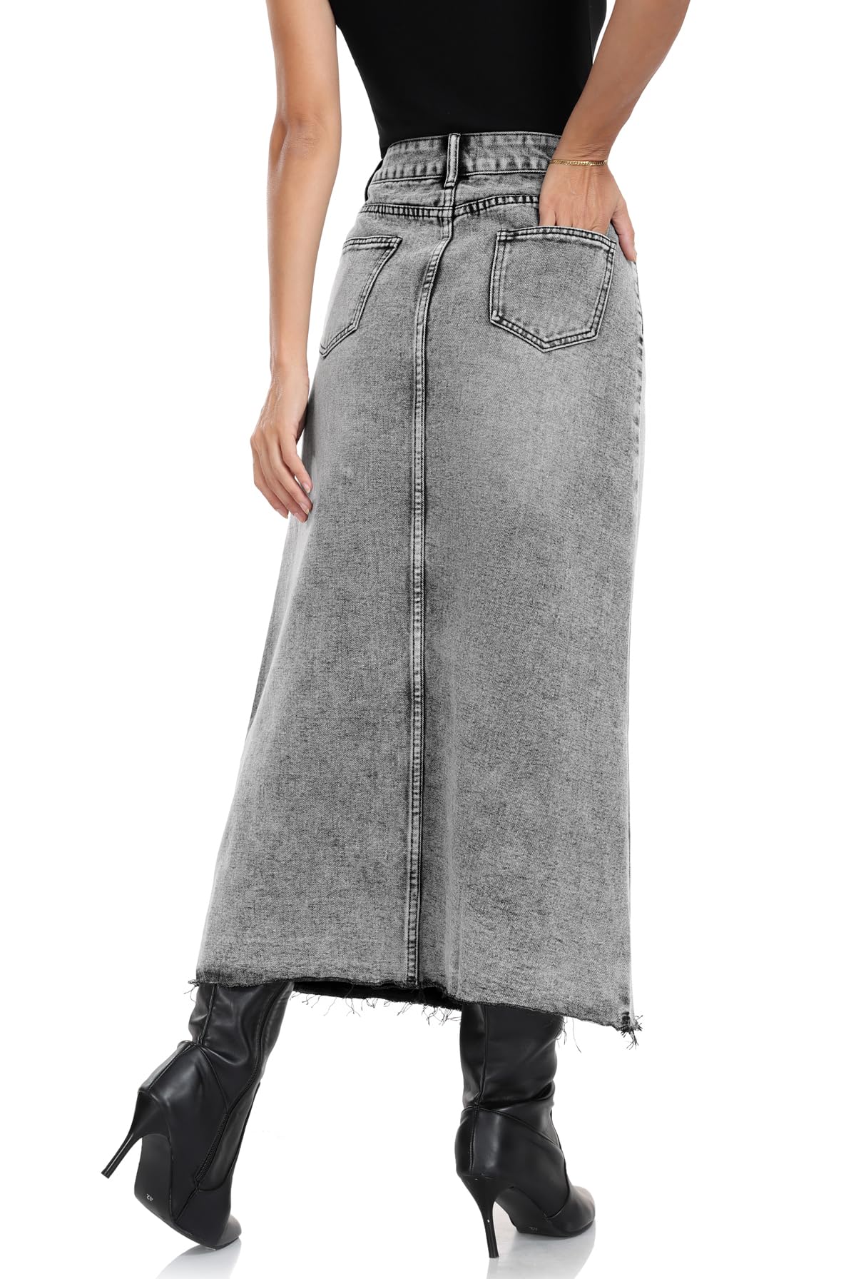 MISS MOLY Women's Maxi Long Denim Skirts High Waist Frayed Raw Hem Split A line Flare Jean Skirt with Pockets