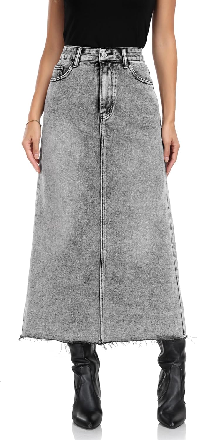 MISS MOLY Women's Maxi Long Denim Skirts High Waist Frayed Raw Hem Split A line Flare Jean Skirt with Pockets