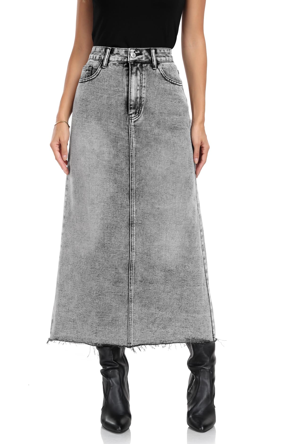 MISS MOLY Women's Maxi Long Denim Skirts High Waist Frayed Raw Hem Split A line Flare Jean Skirt with Pockets