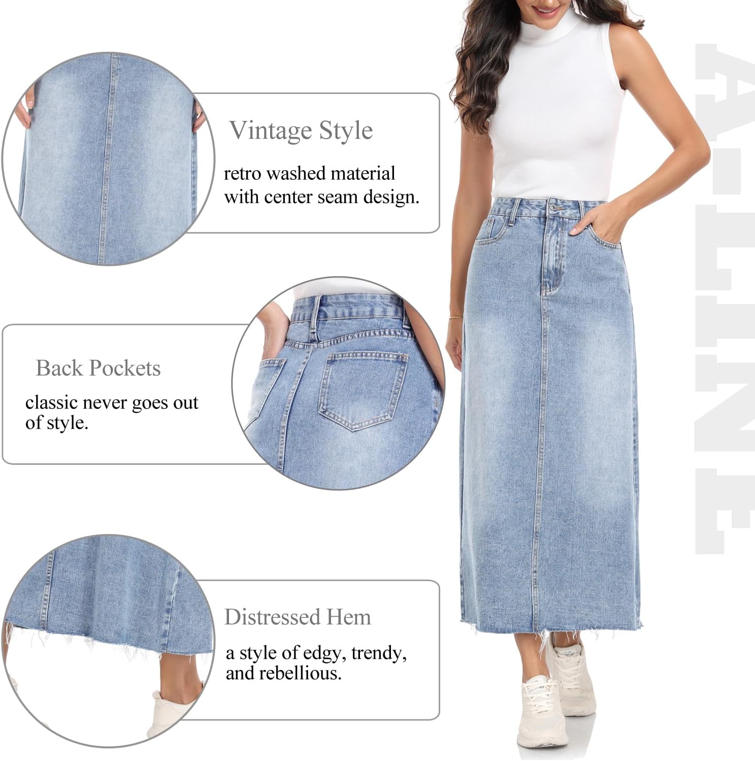 MISS MOLY Women's Maxi Long Denim Skirts High Waist Frayed Raw Hem Split A line Flare Jean Skirt with Pockets