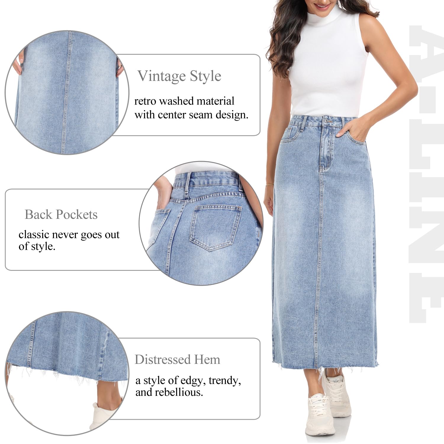 MISS MOLY Women's Maxi Long Denim Skirts High Waist Frayed Raw Hem Split A line Flare Jean Skirt with Pockets