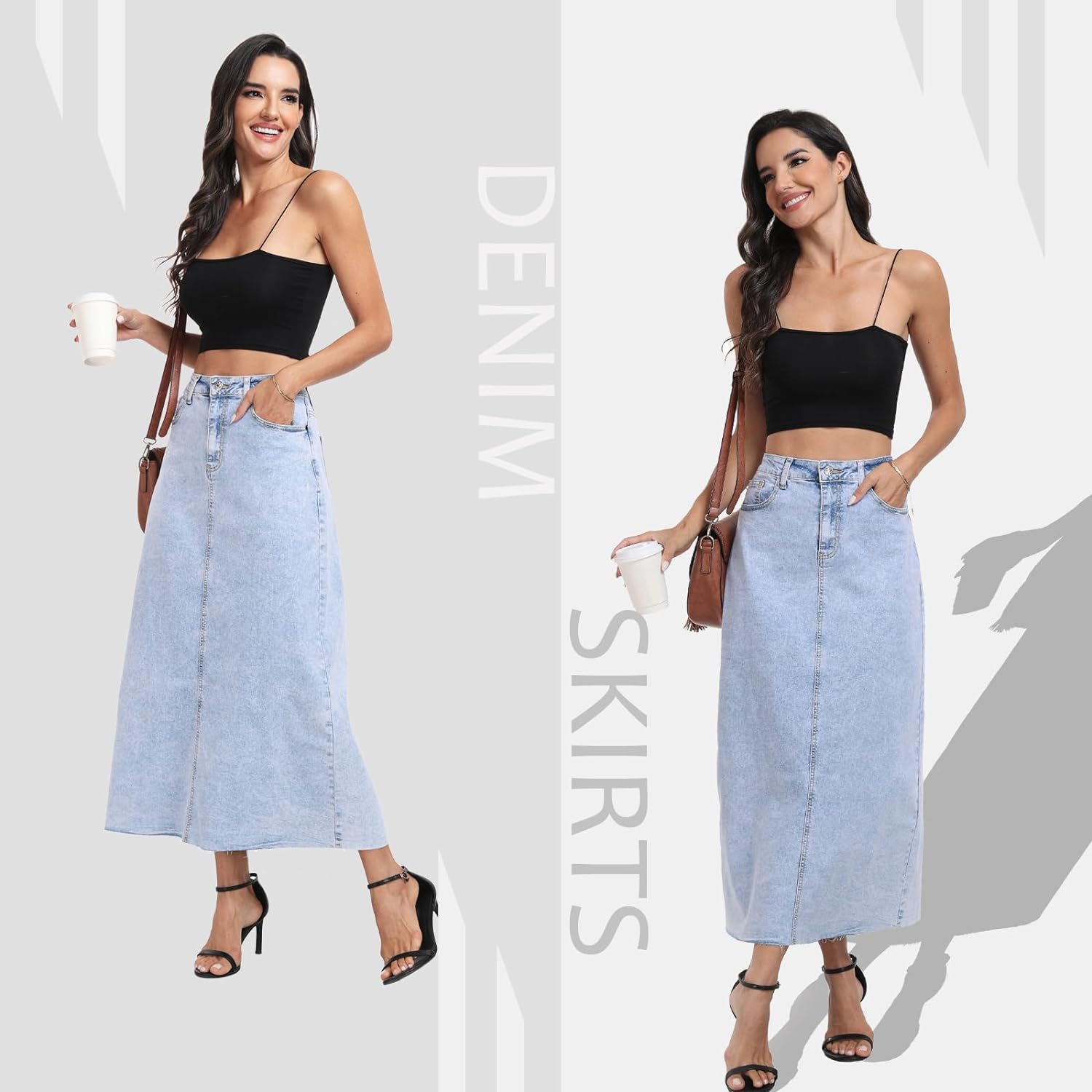 MISS MOLY Women's Maxi Long Denim Skirts High Waist Frayed Raw Hem Split A line Flare Jean Skirt with Pockets