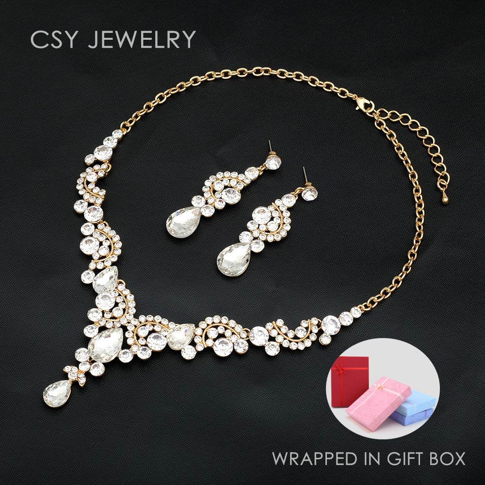 CSY Elegant Crystal Necklace Earrings Bracelet Ring Bridal Wedding Party Costume Jewelry Sets for Brides Women