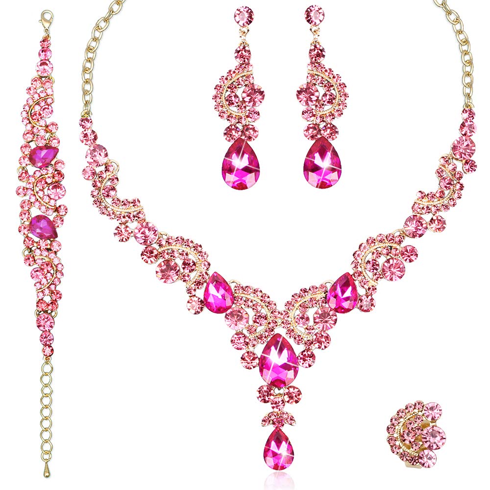 CSY Elegant Crystal Necklace Earrings Bracelet Ring Bridal Wedding Party Costume Jewelry Sets for Brides Women