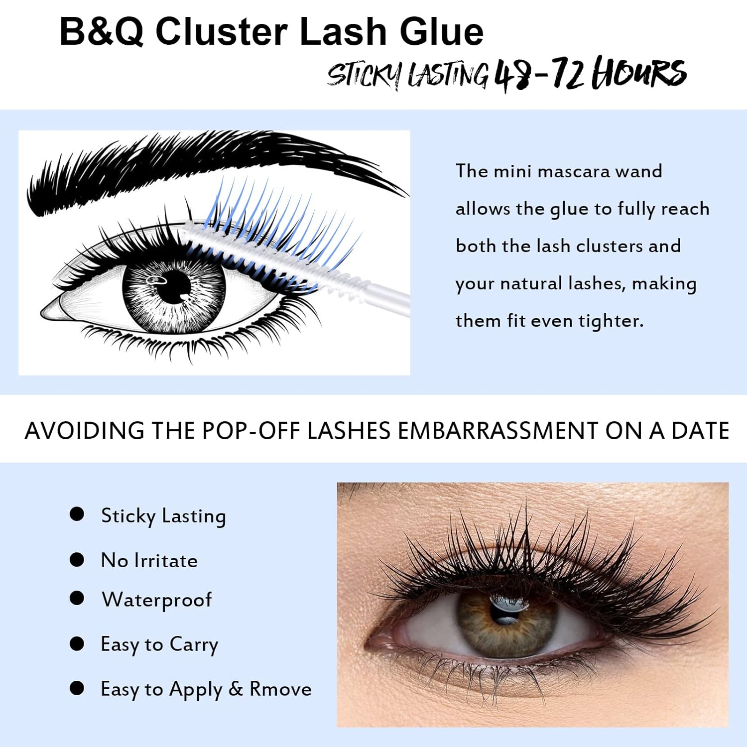 Cluster Lash Glue 5 ML B&Q LASH Bond Transparent Long Lasting Eyelash Glue for DIY Eyelash Extension Lash Cluster Glue Mascara Glue for Lash Clusters Waterproof Glue for Cluster Lashes (Clear,5ml)