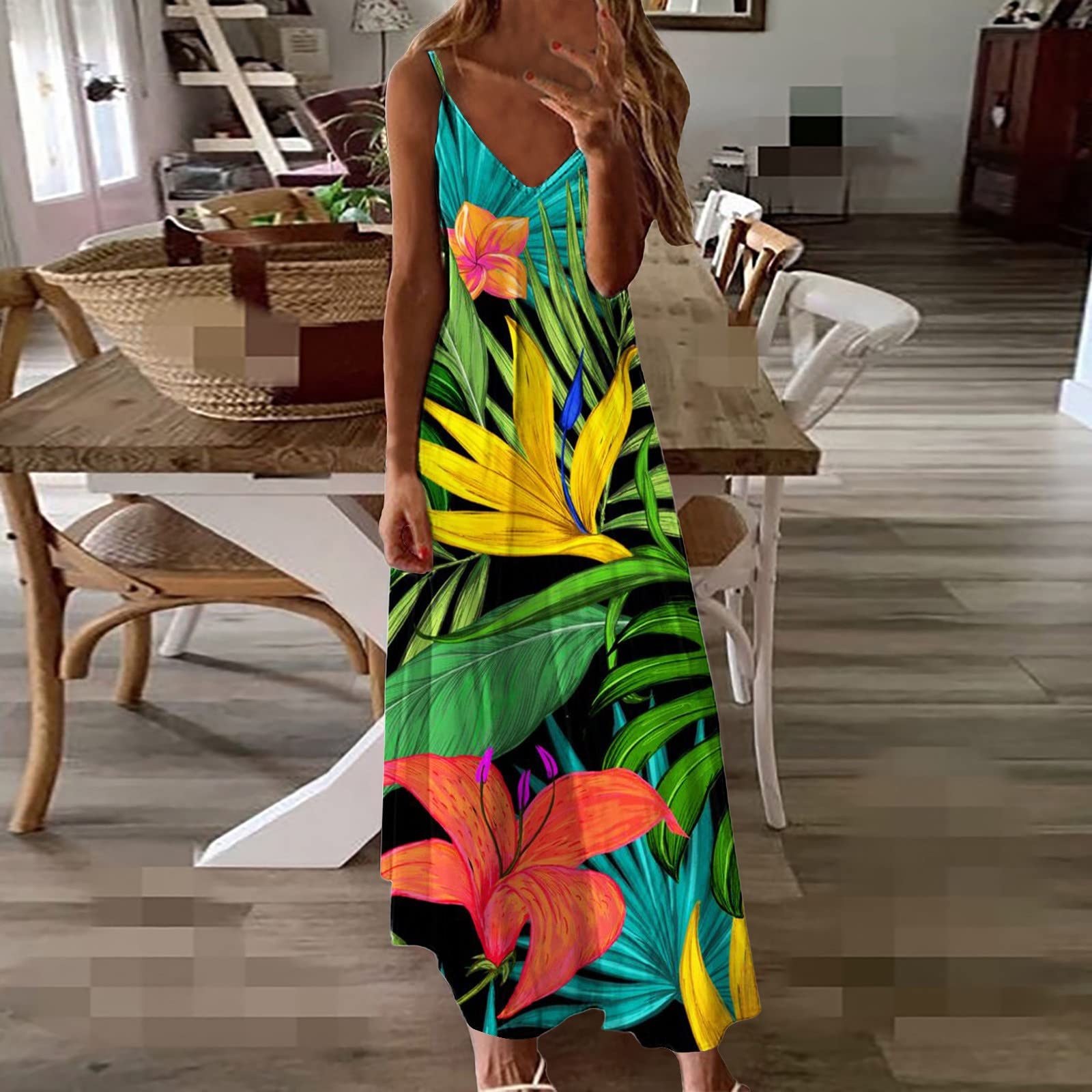 Off Shoulder Dresses for Women Fashion Print Maxi Dress V Neck Sleeveless Summer Long Dress Casual Loose Sundress