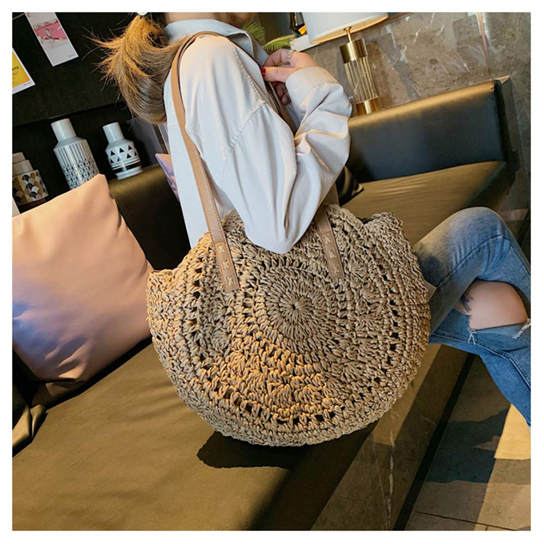 Straw Handbags Women Handwoven Round Corn Straw Bags Natural Chic Hand Large Summer Beach Tote Woven Handle Shoulder Bag