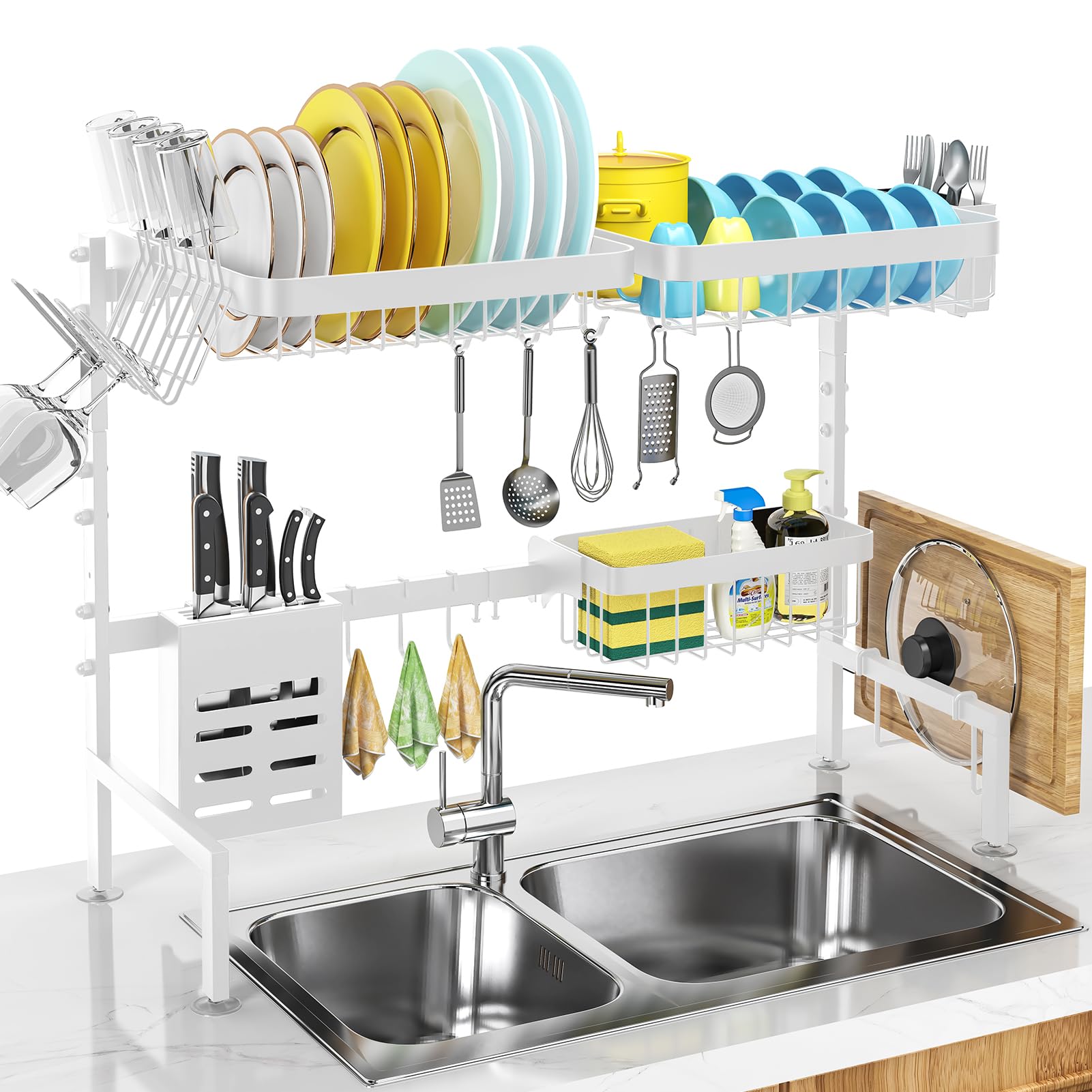 MERRYBOX 304 Stainless Steel Over The Sink Dish Drying Rack Length Adjustable Dish Drainer Full Set Dish Rack for Kitchen Sink Organizer Space Saver - Silver