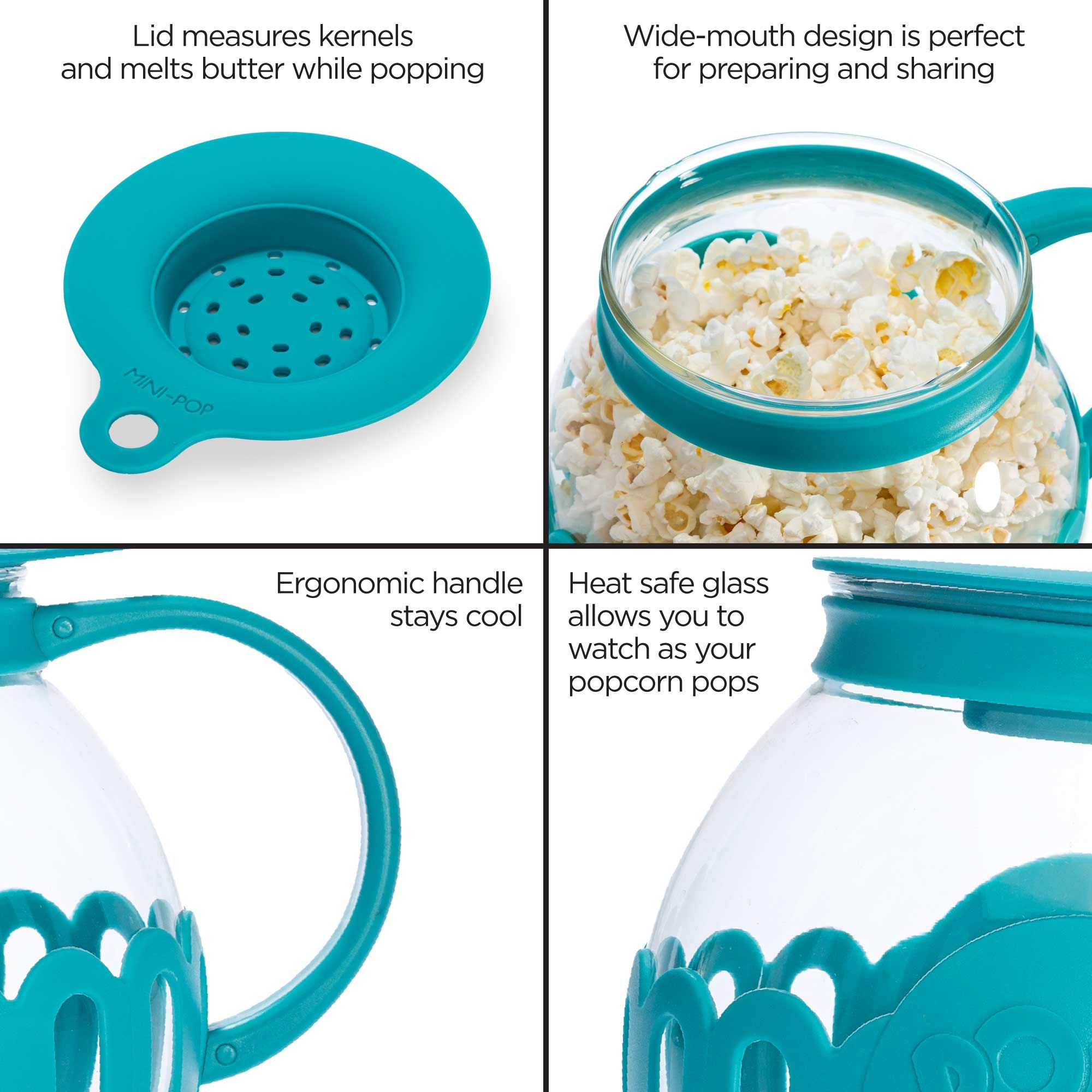 Ecolution Patented Micro-Pop Microwave Popcorn Popper with Temperature Safe Glass, 3-in-1 Lid Measures Kernels and Melts Butter, Made Without BPA, Dishwasher Safe, 3-Quart, Aqua