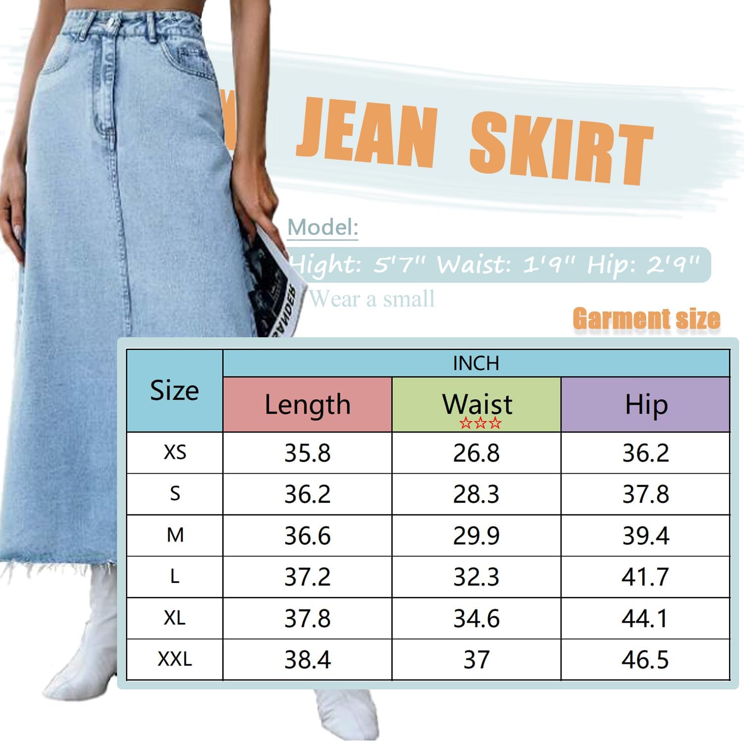 MISS MOLY Women's Maxi Long Denim Skirts High Waist Frayed Raw Hem Split A line Flare Jean Skirt with Pockets