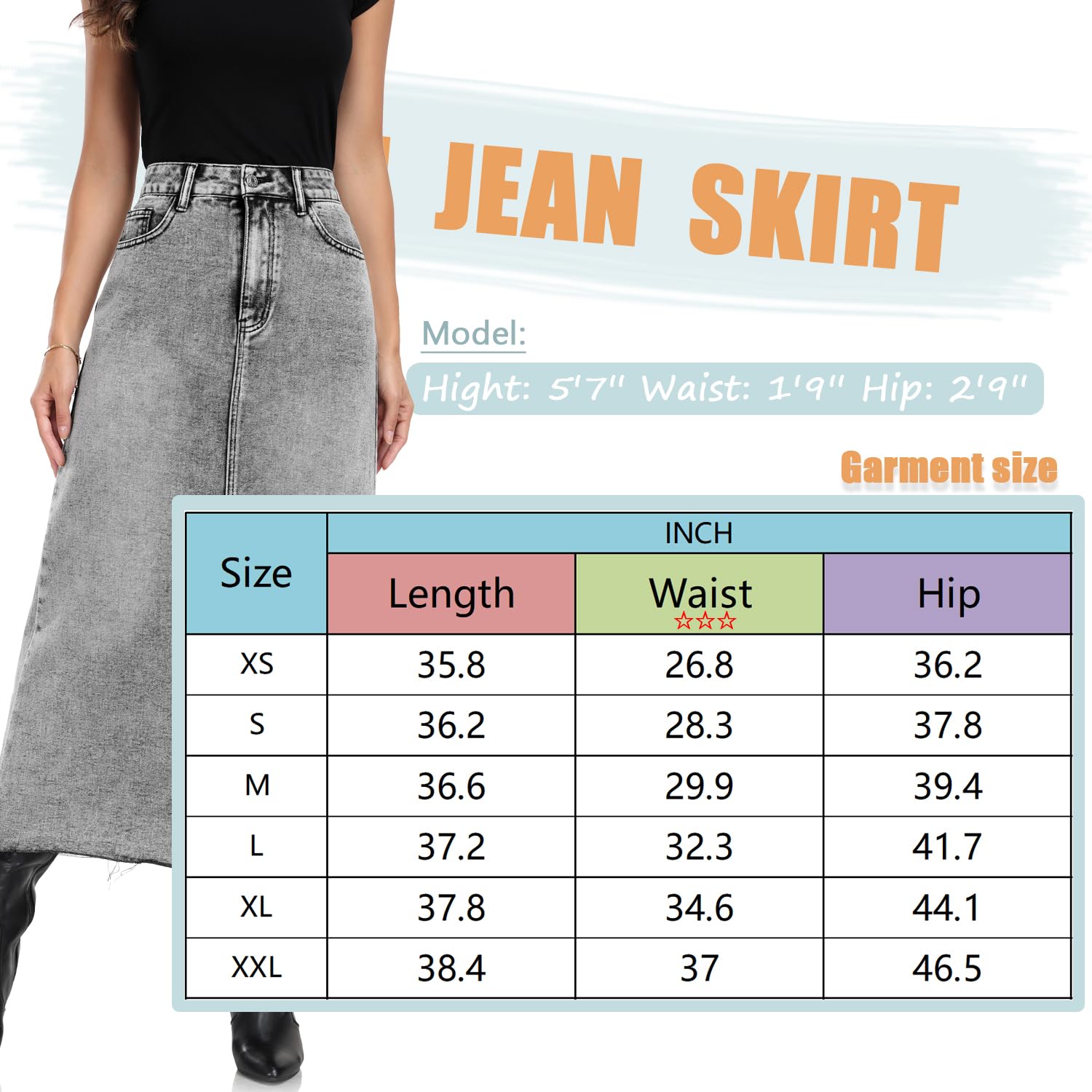 MISS MOLY Women's Maxi Long Denim Skirts High Waist Frayed Raw Hem Split A line Flare Jean Skirt with Pockets