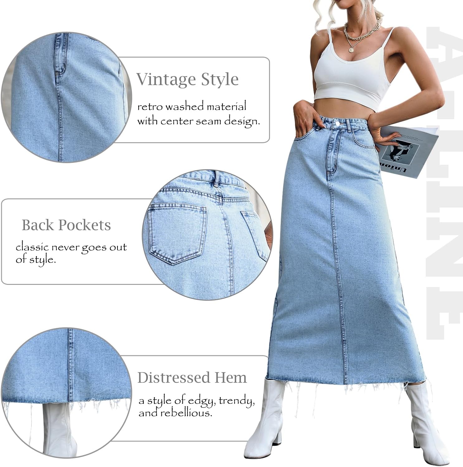 MISS MOLY Women's Maxi Long Denim Skirts High Waist Frayed Raw Hem Split A line Flare Jean Skirt with Pockets