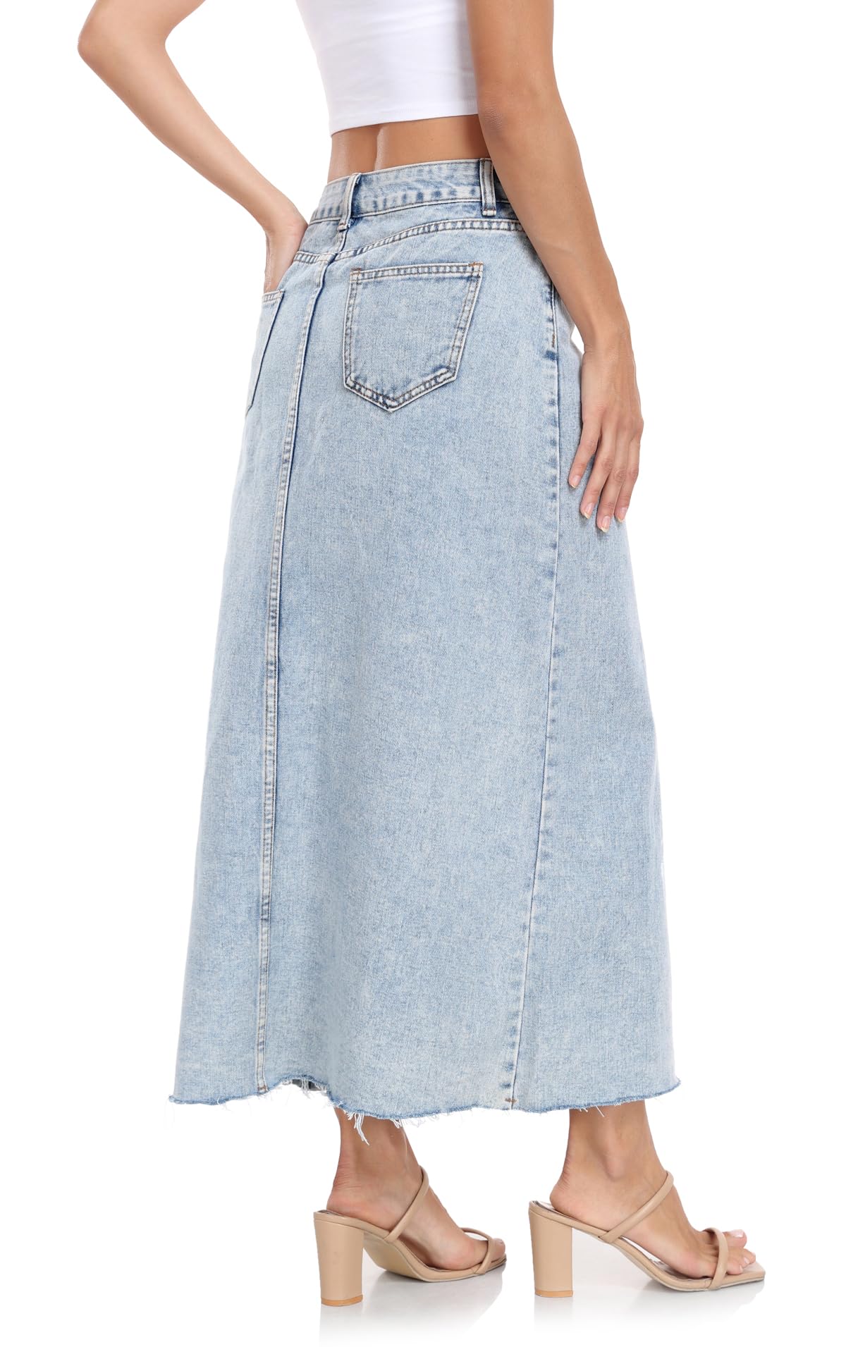 MISS MOLY Women's Maxi Long Denim Skirts High Waist Frayed Raw Hem Split A line Flare Jean Skirt with Pockets