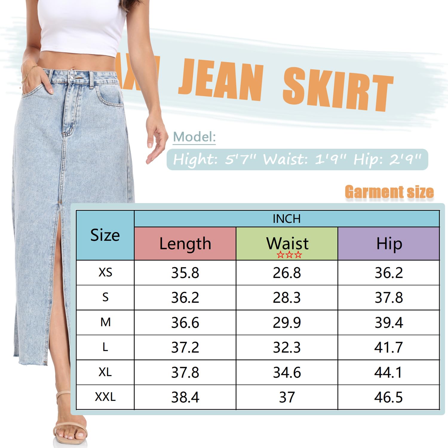 MISS MOLY Women's Maxi Long Denim Skirts High Waist Frayed Raw Hem Split A line Flare Jean Skirt with Pockets