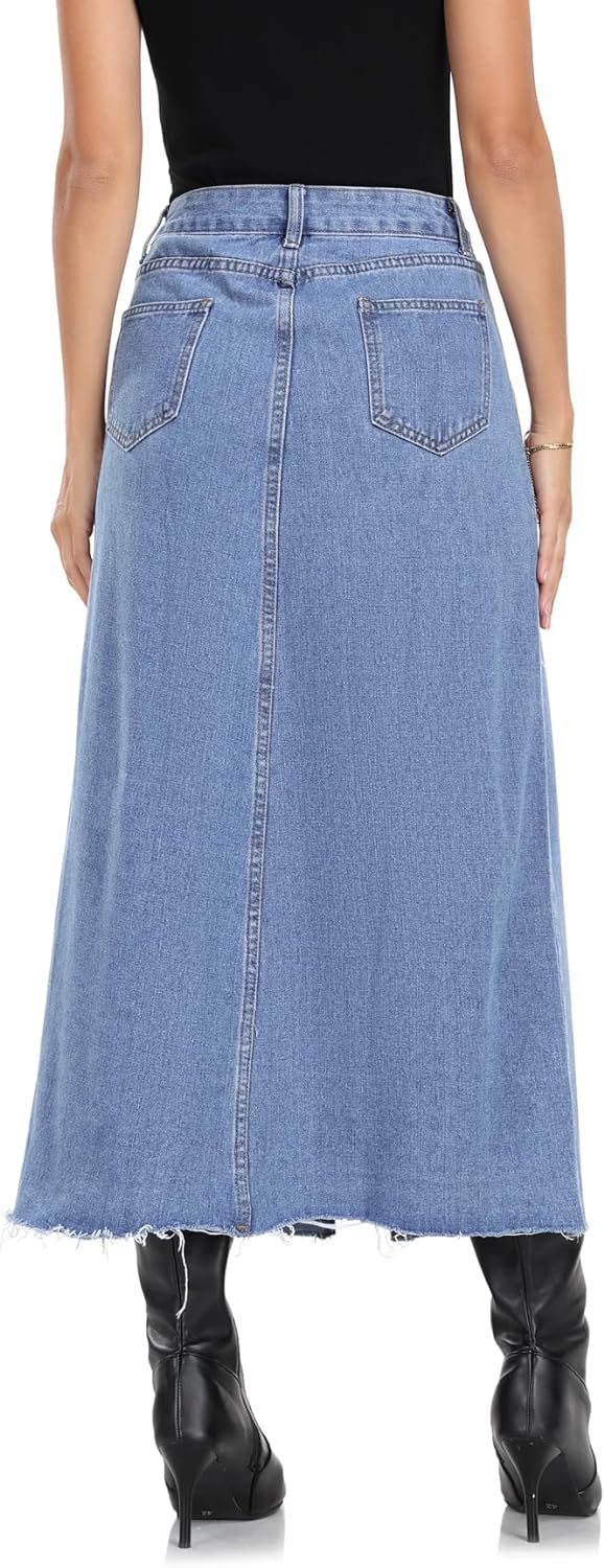 MISS MOLY Women's Maxi Long Denim Skirts High Waist Frayed Raw Hem Split A line Flare Jean Skirt with Pockets