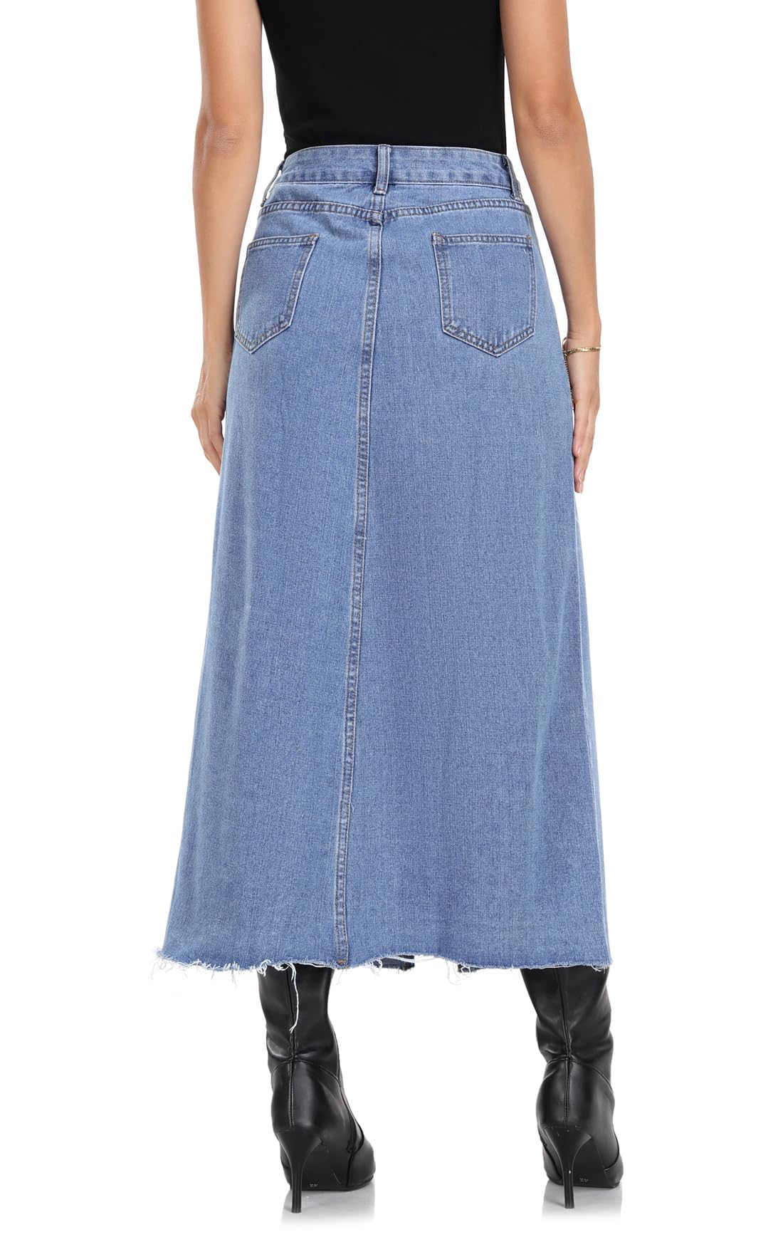 MISS MOLY Women's Maxi Long Denim Skirts High Waist Frayed Raw Hem Split A line Flare Jean Skirt with Pockets