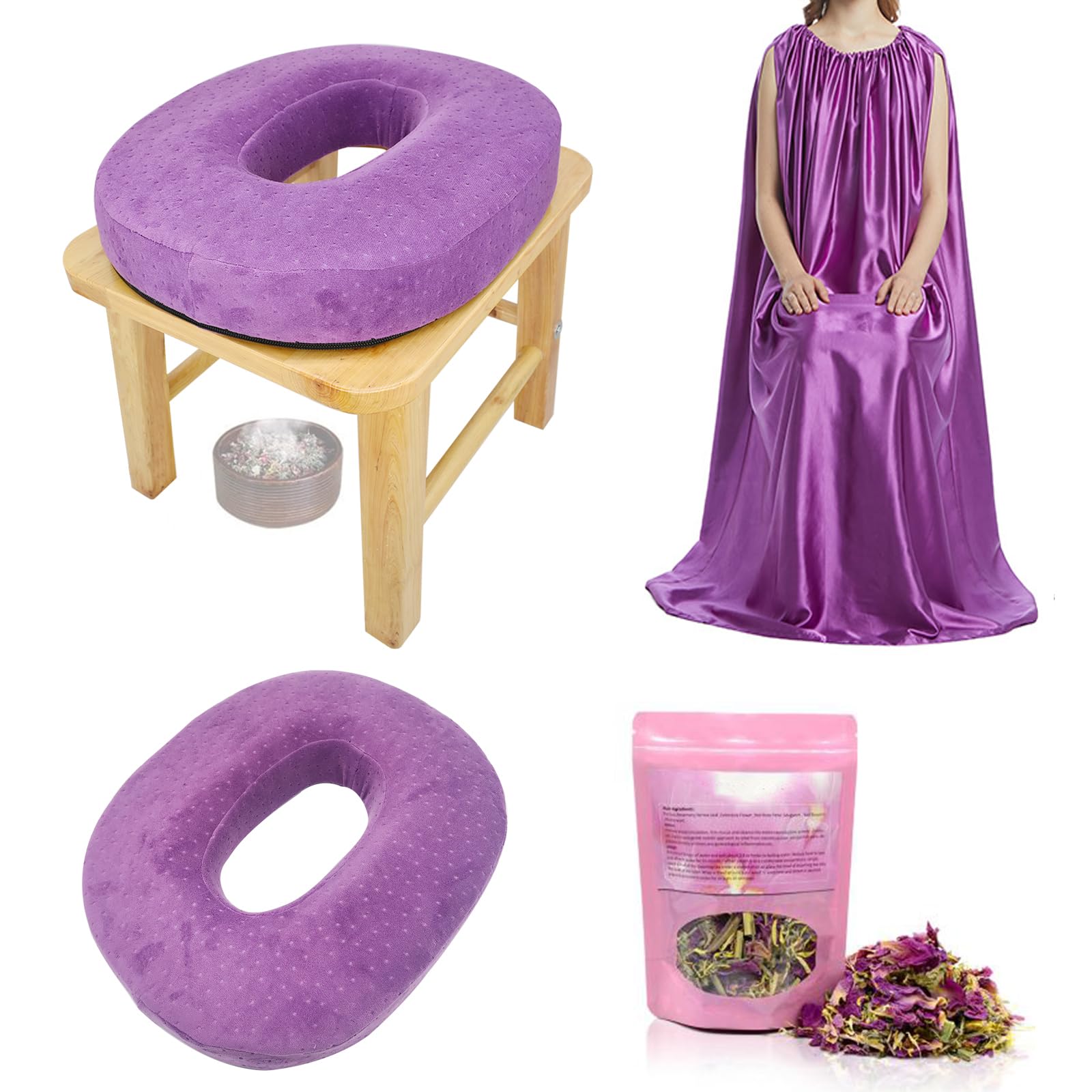 Yoni Seat Kit, Wooden Vaginial Steaming Stool Chair Set with Gown for Feminine Vaginal Postpartum Care,Irregular Period Treatment,Menopause Relief,Uterus Cleanser Detox for Women