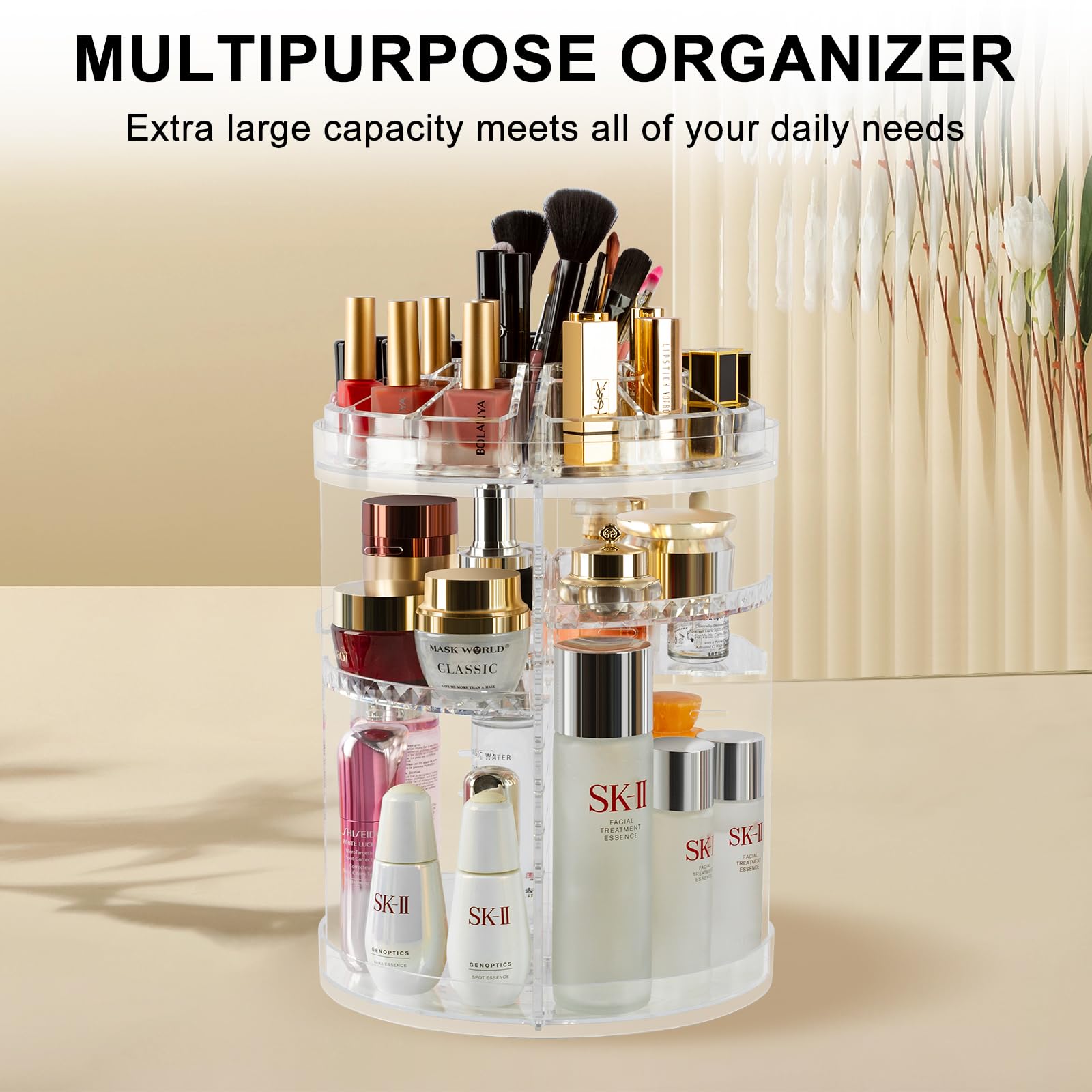 Makeup Organizer, 360 Degree Rotating Adjustable Cosmetic Storage Display Case with 8 Layers Large Capacity, Fits Jewelry, Makeup Brushes, Lipsticks and More, Clear