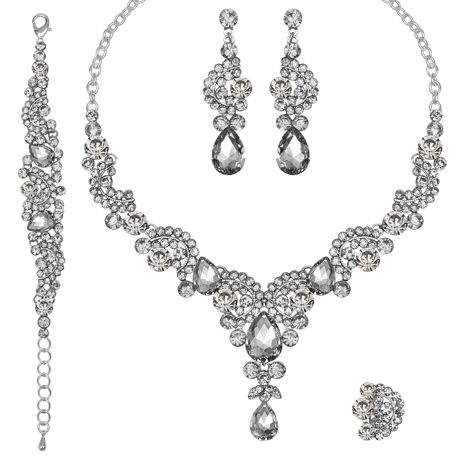 CSY Elegant Crystal Necklace Earrings Bracelet Ring Bridal Wedding Party Costume Jewelry Sets for Brides Women