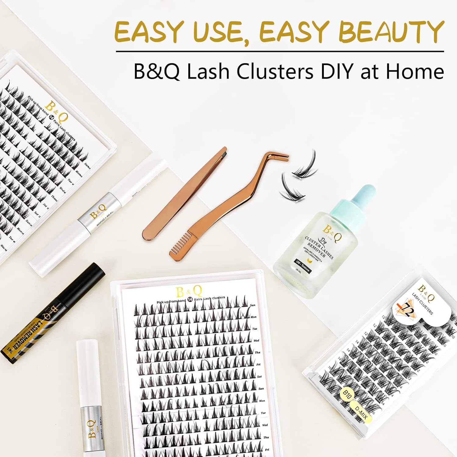 DIY Lash Extension Kit Individual Eyelash Extension Kit B&Q D Curl Cluster Lashes Individual Eyelashes with Lash Bond and Seal, Lash Applicator Tool DIY Lash Extensions at Home (Kit,40D-0.07D-8-18mix)