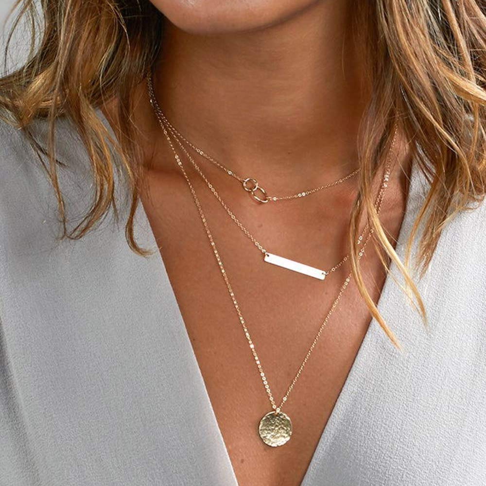 Turandoss Dainty Layered Choker Necklace, Handmade 14K Gold Plated Y Pendant Necklace Multilayer Bar Disc Necklace Adjustable Layering Choker Necklaces for Women