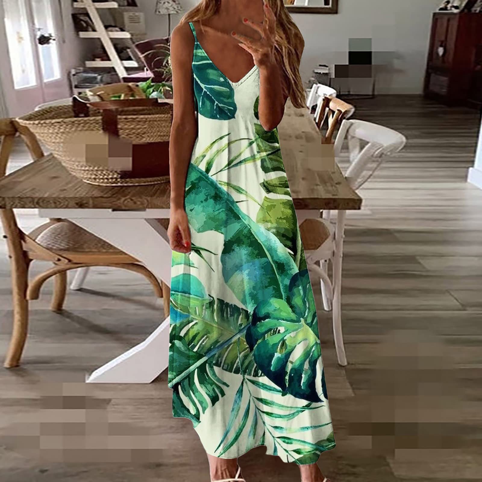 Off Shoulder Dresses for Women Fashion Print Maxi Dress V Neck Sleeveless Summer Long Dress Casual Loose Sundress