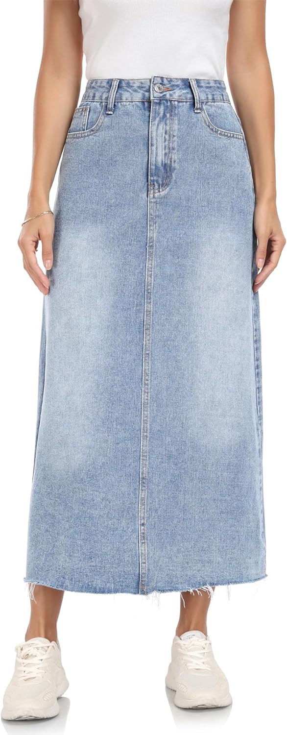 MISS MOLY Women's Maxi Long Denim Skirts High Waist Frayed Raw Hem Split A line Flare Jean Skirt with Pockets