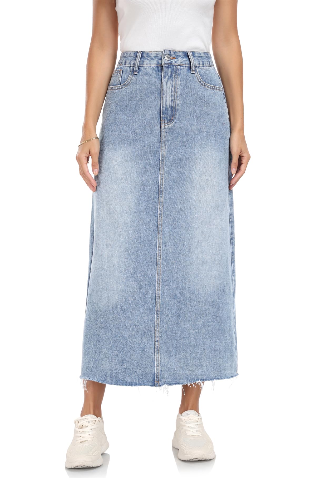 MISS MOLY Women's Maxi Long Denim Skirts High Waist Frayed Raw Hem Split A line Flare Jean Skirt with Pockets