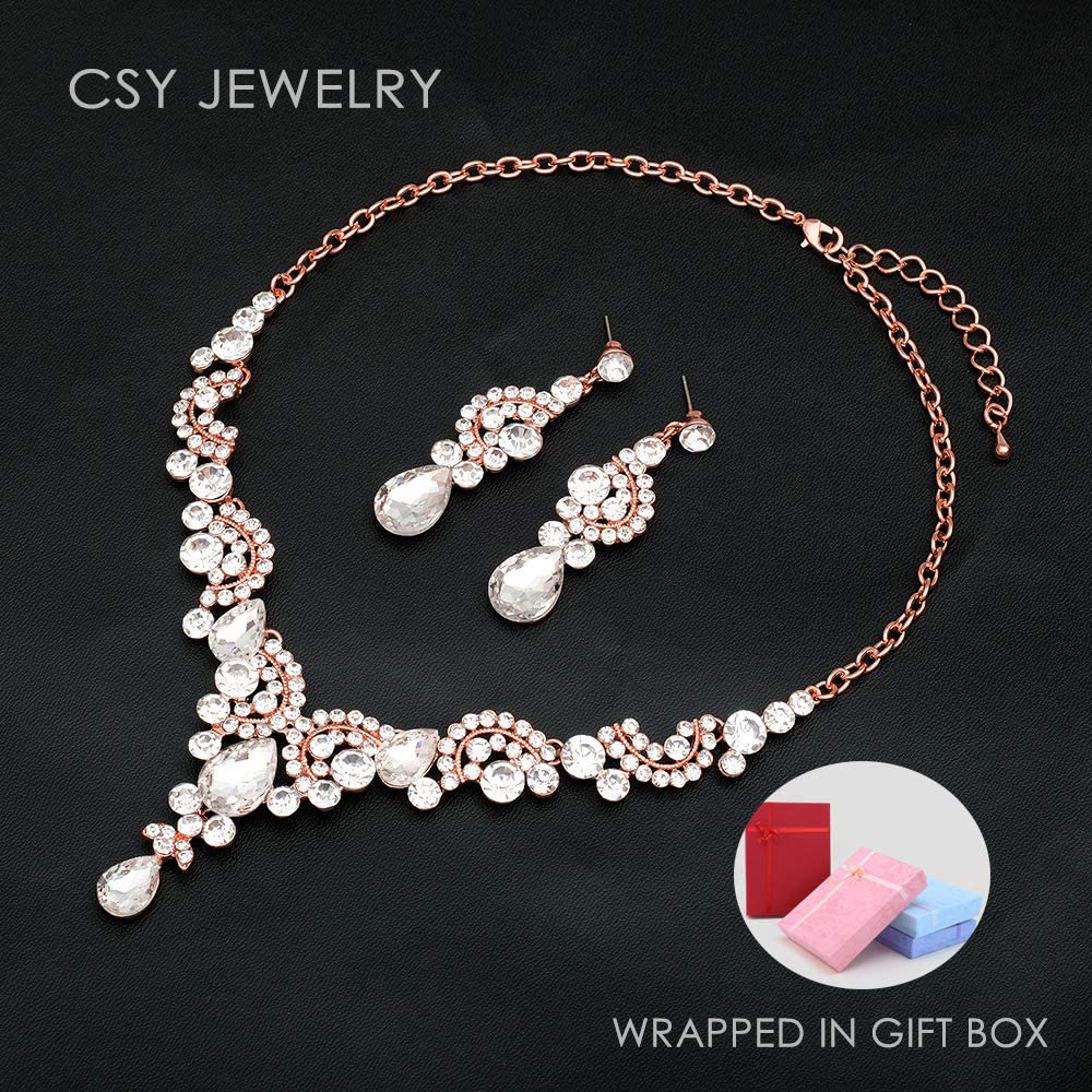 CSY Elegant Crystal Necklace Earrings Bracelet Ring Bridal Wedding Party Costume Jewelry Sets for Brides Women