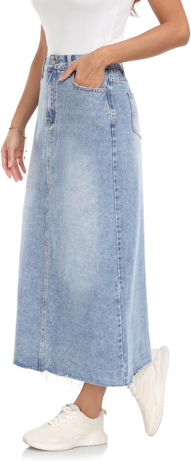 MISS MOLY Women's Maxi Long Denim Skirts High Waist Frayed Raw Hem Split A line Flare Jean Skirt with Pockets