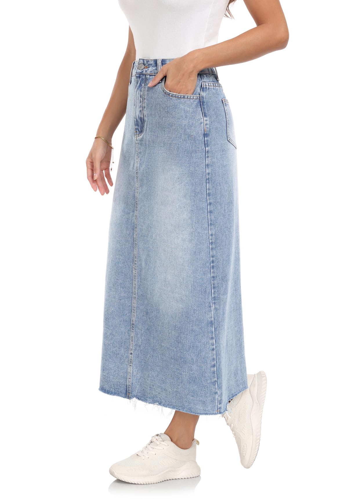 MISS MOLY Women's Maxi Long Denim Skirts High Waist Frayed Raw Hem Split A line Flare Jean Skirt with Pockets