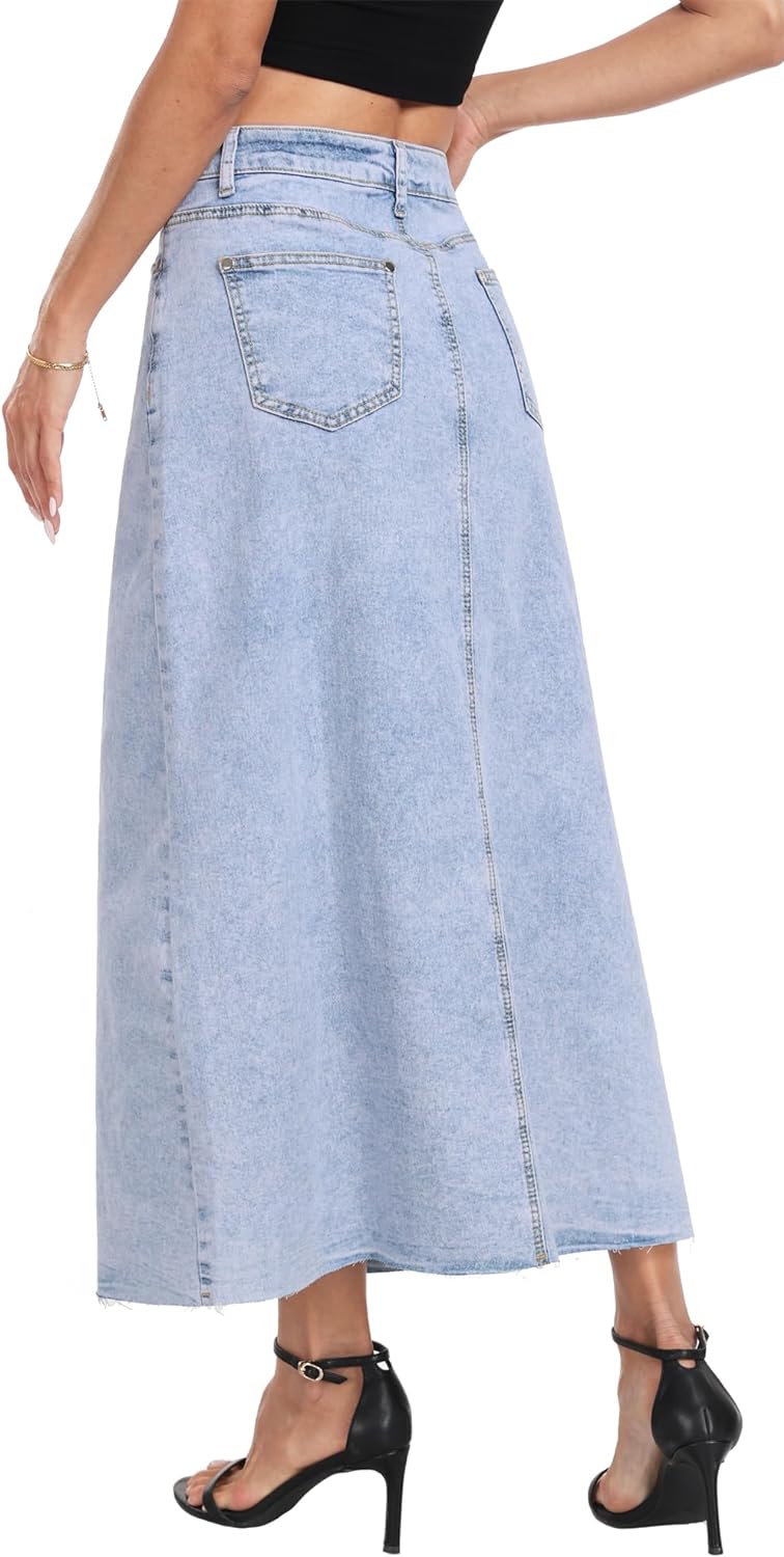 MISS MOLY Women's Maxi Long Denim Skirts High Waist Frayed Raw Hem Split A line Flare Jean Skirt with Pockets